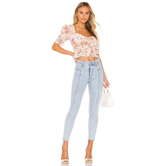 SAYLOR Size XS Janiya Floral Eyelet Crop Top V-Neck Ruffle Smocked Button Front - Picture 2 of 15